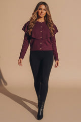 Wine Ribbed Knit Gold Button Front Cape Cardigan - Hlume