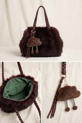 Wine Faux Fur With Braided Handles & Bear Charm Bag - Chaio
