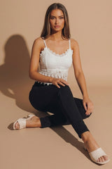 White Embroidered Strappy Cropped Length Mesh Insert Top - Emilia