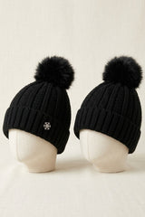 Black Knitted Pom Pom Beanie Cap With Snowflake Detail - Moon
