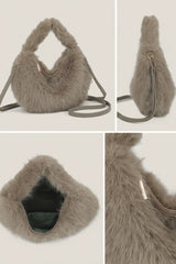 Taupe Faux Fur Shoulder Bag With Detachable Strap - Fluff