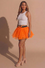Neon Orange Sequin Embellished Layered Tulle Mini Skirt - Fozan