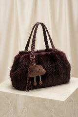Wine Faux Fur With Braided Handles & Bear Charm Bag - Chaio