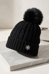 Black Knitted Pom Pom Beanie Cap With Snowflake Detail - Moon