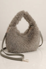 Taupe Faux Fur Shoulder Bag With Detachable Strap - Fluff