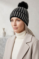 Black Diamante Stripe Knitted Beanie With Pom Pom Cap - Dianx