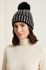Black Diamante Stripe Knitted Beanie With Pom Pom Cap - Dianx