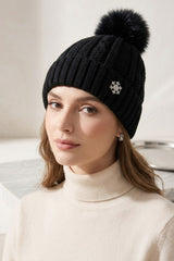 Black Knitted Pom Pom Beanie Cap With Snowflake Detail - Moon