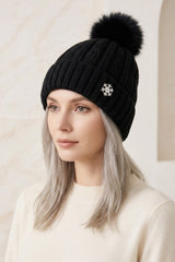 Black Knitted Pom Pom Beanie Cap With Snowflake Detail - Moon