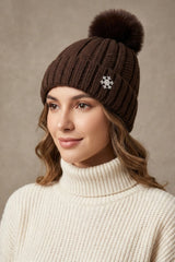 Brown Knitted Pom Pom Beanie Cap With Snowflake Detail - Moon