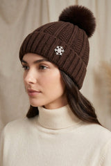 Brown Knitted Pom Pom Beanie Cap With Snowflake Detail - Moon