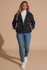 Black Double Breasted Cropped Coat With Side Pockets - Fico