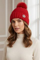 Red Knitted Pom Pom Beanie Cap With Snowflake Detail - Moon