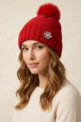Red Knitted Pom Pom Beanie Cap With Snowflake Detail - Moon