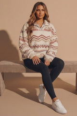 Cream Oversized Fair Isle Pattern Quarter Zip Fleece Sweatshirt - Zoran