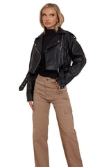 Black Faux Leather Cropped Belted Biker Jacket - Kiera