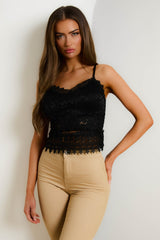 Black Embroidered Strappy Cropped Length Mesh Insert Top - Emilia