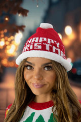 Red & White 'Happy Christmas' Knitted Santa Cap- Ovla