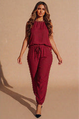 Wine Stud Detail Sleeveless Loungewear Co-Ord Set - Reinax