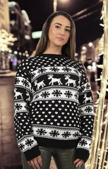 Black Reindeer And Snowflake Print Long Sleeve Knit Christmas Jumper - Holly