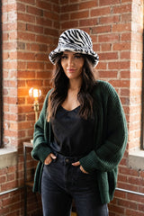 Black Zebra Print Faux Fur Bucket Hat-Enny