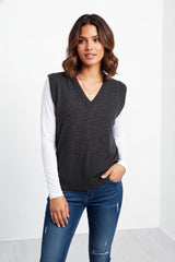 Dark Grey V Neck Sleeveless Knitted Vest- Hanya