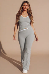 Grey Contrast Trim Top and Flared Trousers Activewear Set - Eleonora