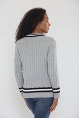 Grey Cable Knit V Neck Jumper with Stripe Trim - Somia