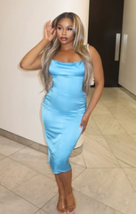 Sky Blue Satin Strappy Tie Detail Bodycon Midi Dress - Zyra