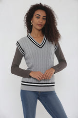 Grey Cable Knit V Neck With Blue Stripe Jumper- Casoil