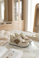 Beige Printed Panel Faux Leather Glitter Trainers - Guinevere