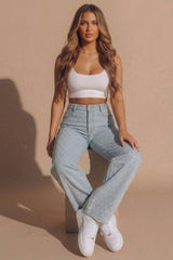 Light Blue Sparkle Diamond Stitch High Waisted Straight Leg Jeans  - Maevo