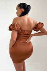 Chocolate Satin Bardot Puff Sleeve Bodycon Mini Dress - Esme