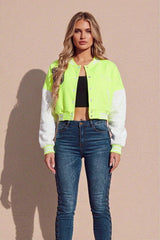 Neon Green Varsity Slogan Contrast Sleeve Bomber - Hallie