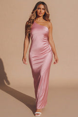 Rose Satin One Shoulder Twist Back Cut Out Maxi Dress- Kavira