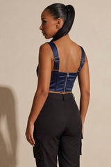 Navy Satin Cup Detail Sweetheart Corset Top - Maci