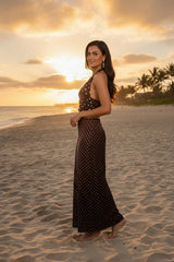 Chocolate Polka Dot Maxi Skirt & Halter Neck Top Co-ord Set- Jaune
