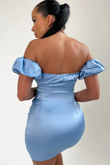 Sky Blue Satin Bardot Puff Sleeve Bodycon Mini Dress - Esme