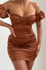 Chocolate Satin Bardot Puff Sleeve Bodycon Mini Dress - Esme