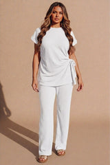 White Tie Side Relaxed Fit Top And Wide Leg Trousers - Cheese