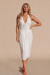 White Plunge Halter Neck Tie Front Broderie Sleeveless Midi Dress - Zenara