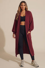 Wine Knitted Long Sleeve Pocket Detail Ribbed Cardigan - Leanne
