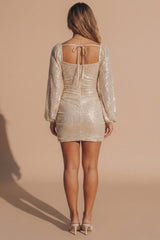 Beige Sequin Sweetheart Neck Puff Sleeve Bodycon Mini Dress- Kiana
