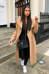 Camel Waterfall Duster Belted Long Coat - Pola