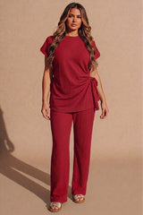 Red Tie Side Relaxed Fit Top And Wide Leg Trousers - Cheese