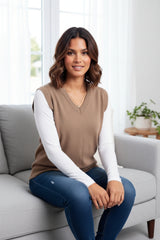 Mocha V Neck Sleeveless Knitted Vest- Hanya