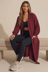 Wine Knitted Long Sleeve Pocket Detail Ribbed Cardigan - Leanne