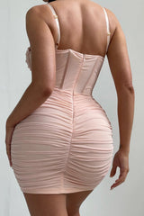 Nude Mesh Ruched Corset Strappy Bodycon Mini Dress - Penny