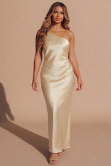 Yellow Satin One Shoulder Twist Back Cut Out Maxi Dress- Kavira