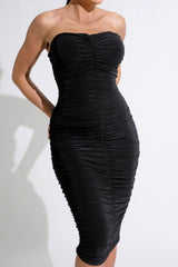 Black Ruched Strapless Bodycon Midi Dress - Vita